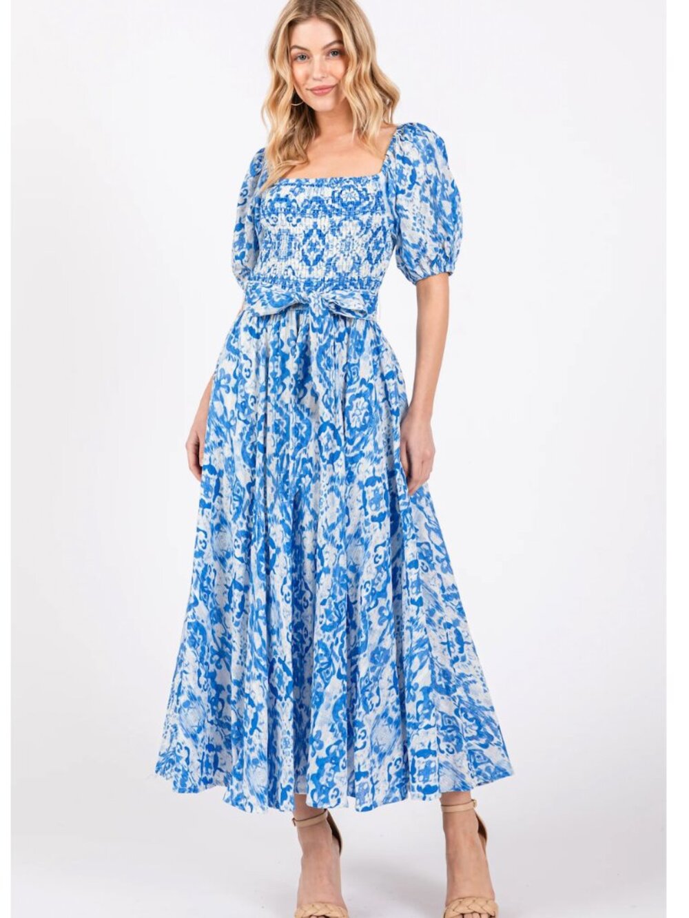 Blue & White Floral Puff Sleeve Midi Dress